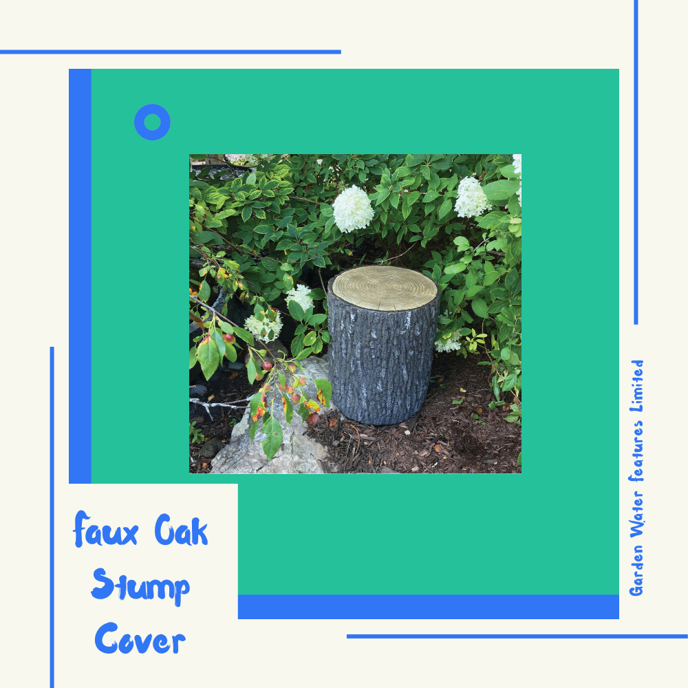 Faux Oak Stump Cover concealing garden equipment