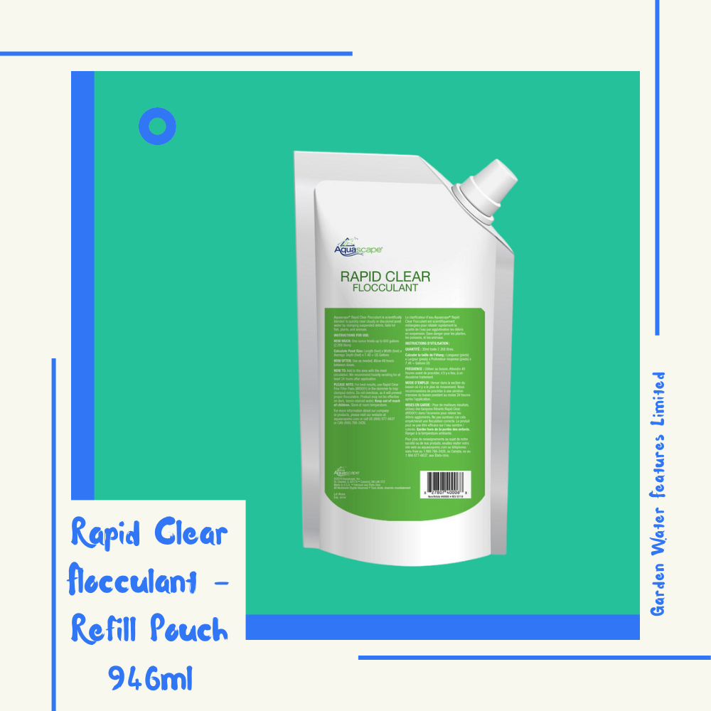 Rapid Clear Flocculant refill highlighting fish-safe formula